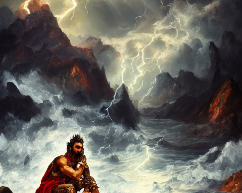 Regal figure in red robes overlooking turbulent sea with lightning-filled skies