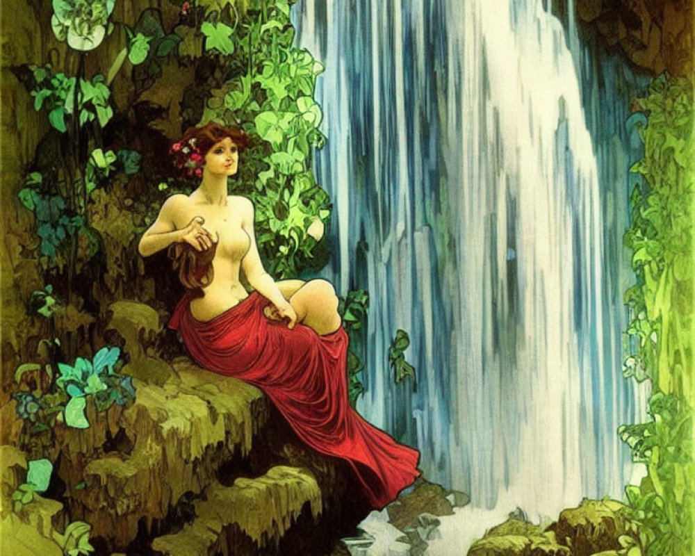 Woman with Red Drapery Seated by Waterfall in Lush Setting