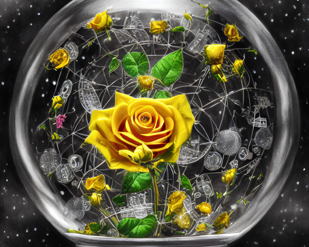 Vibrant yellow rose in glass sphere with geometric patterns and starry background