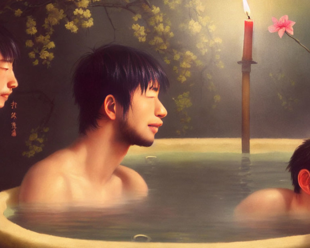 Tranquil hot spring scene with three people and yellow blossoms