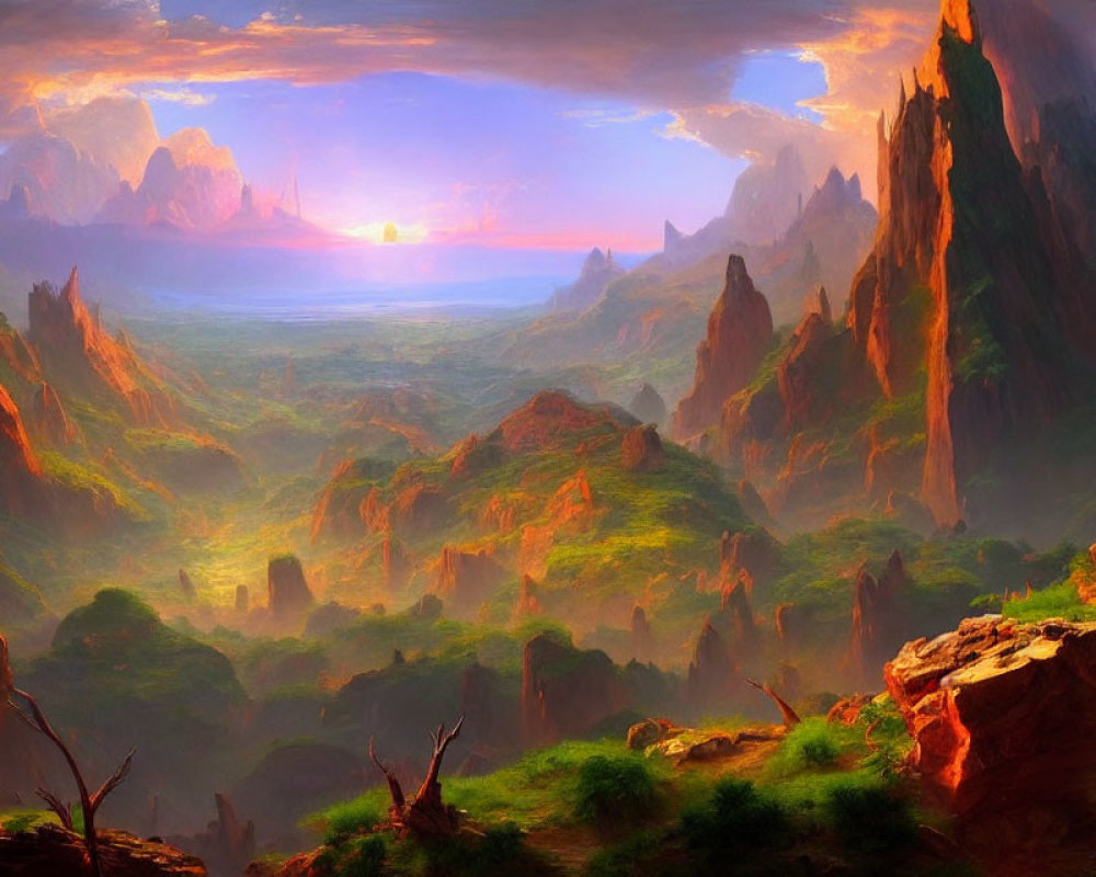 Majestic rock formations in vibrant landscape with glowing sunrise