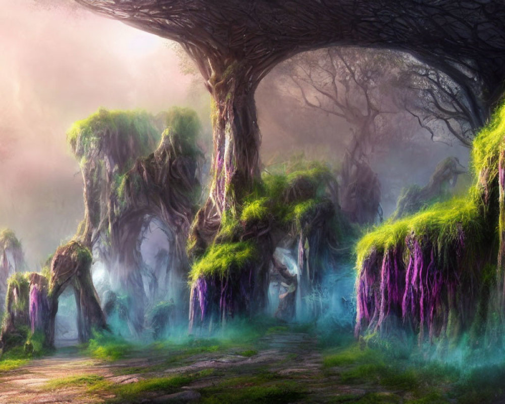 Mystical forest with ancient tree, vibrant rocks, and purple flora