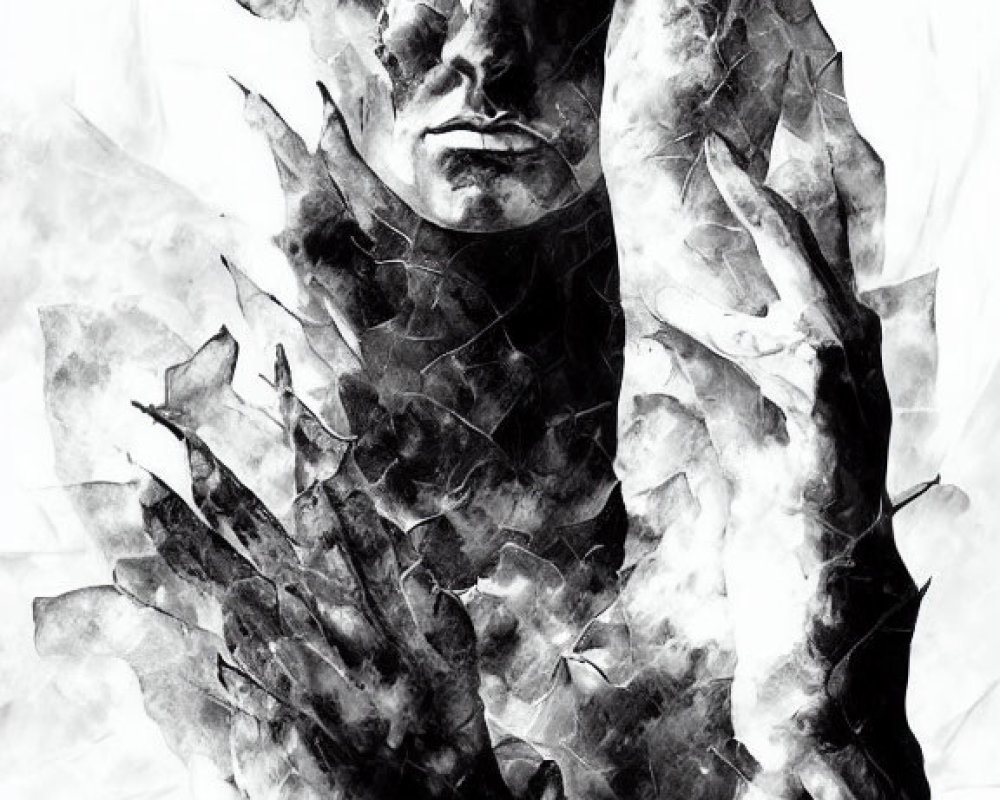 Monochrome portrait with intense gaze and fragmented structures