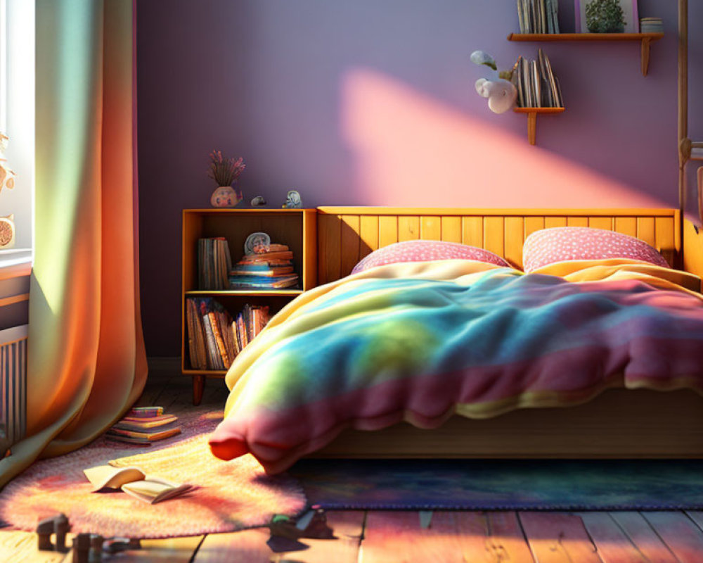 Sunlit Cozy Bedroom with Colorful Bedding, Bookshelf, and Books