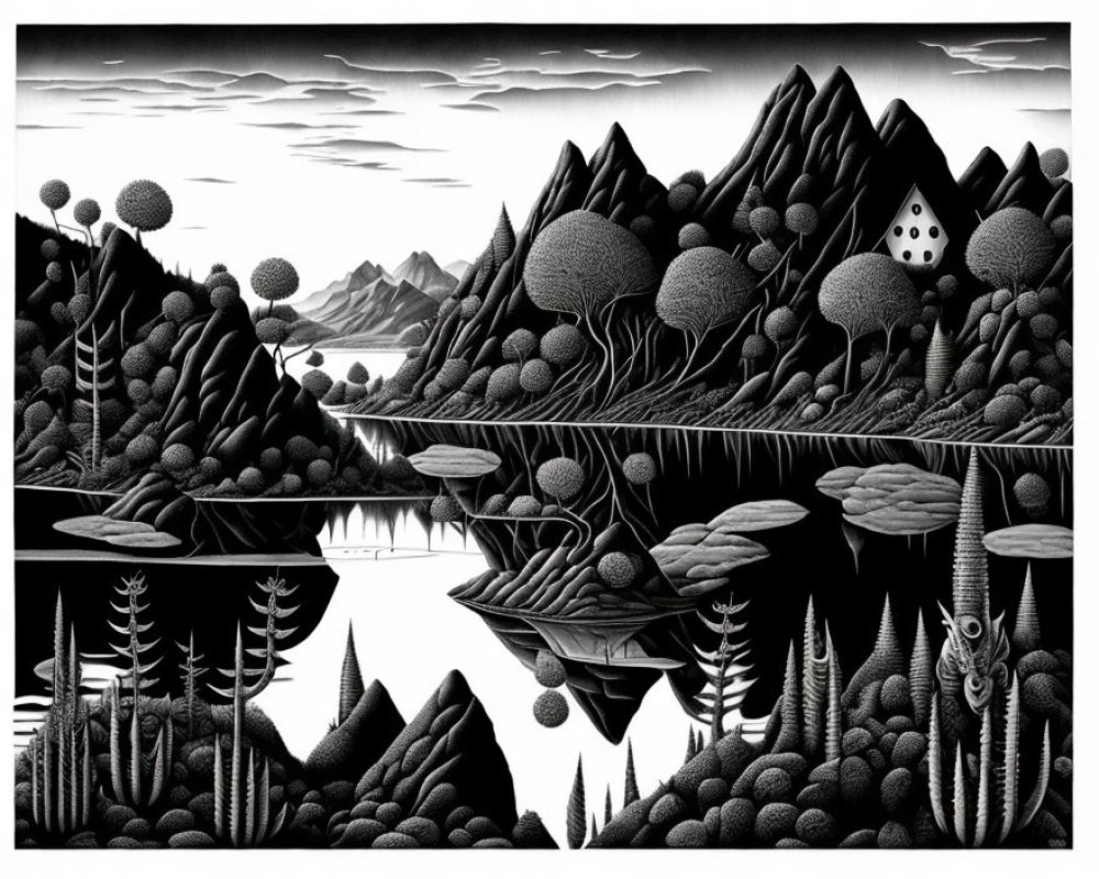 Monochromatic landscape illustration with stylized mountains, trees, foliage, clouds, dice, and water