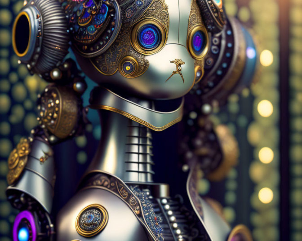 Intricately designed robot with glowing blue elements on light bokeh backdrop