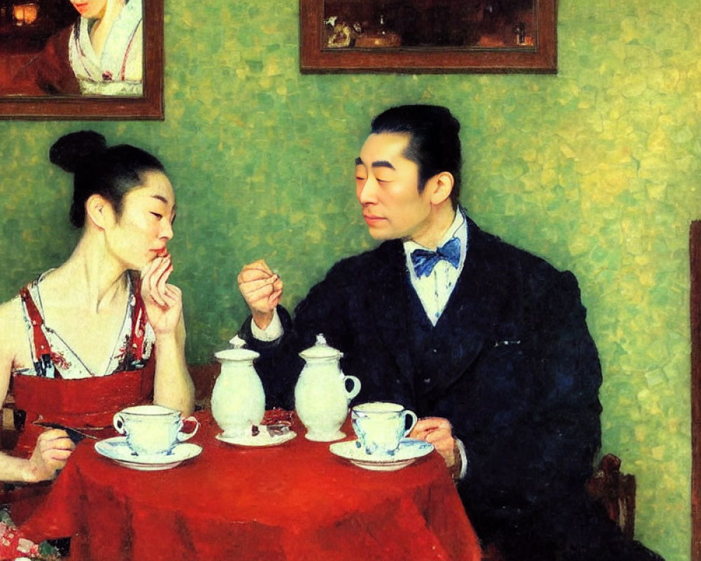 Asian couple having tea in traditional room.