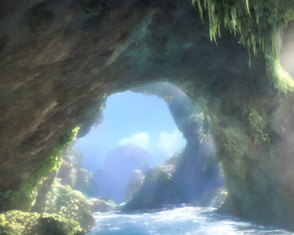 Natural cave with sunlight filtering through, vibrant blue water, and lush greenery.