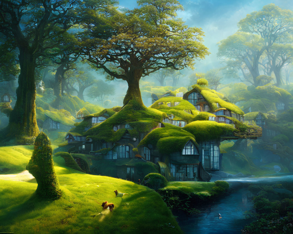 Tranquil fantasy landscape with moss-covered houses and lush trees