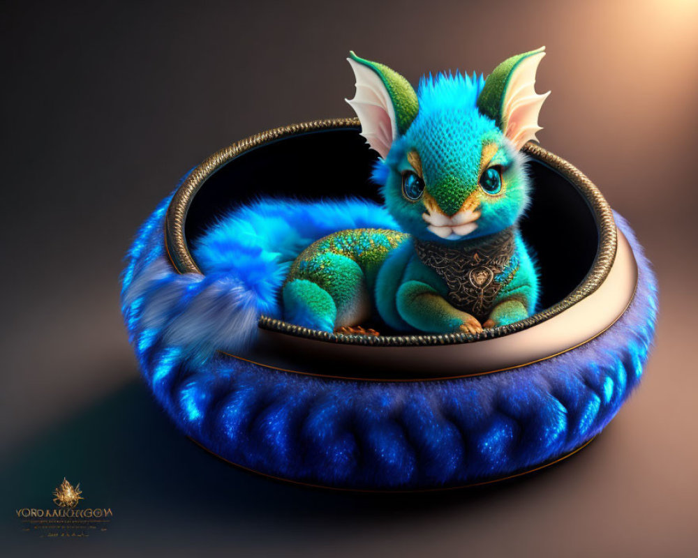 Colorful 3D illustration of whimsical dragon creature in cozy setting