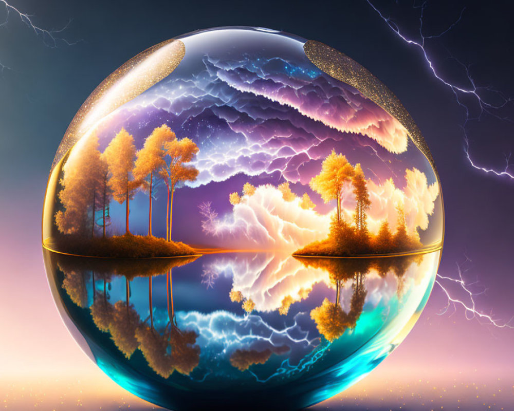 Surreal reflective orb with trees, clouds, and lightning on gradient backdrop