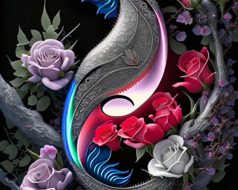 Colorful Yin-Yang Symbol with Pink and Purple Roses on Black Background