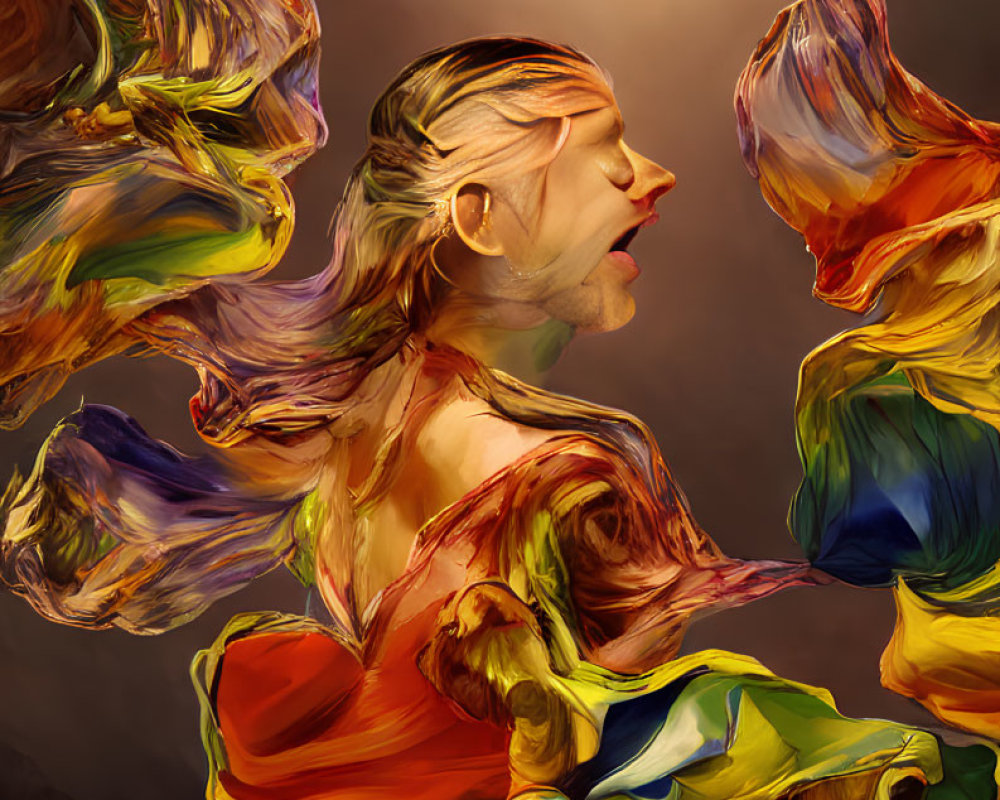 Colorful surreal portrait with elongated features and flowing fabric on warm background