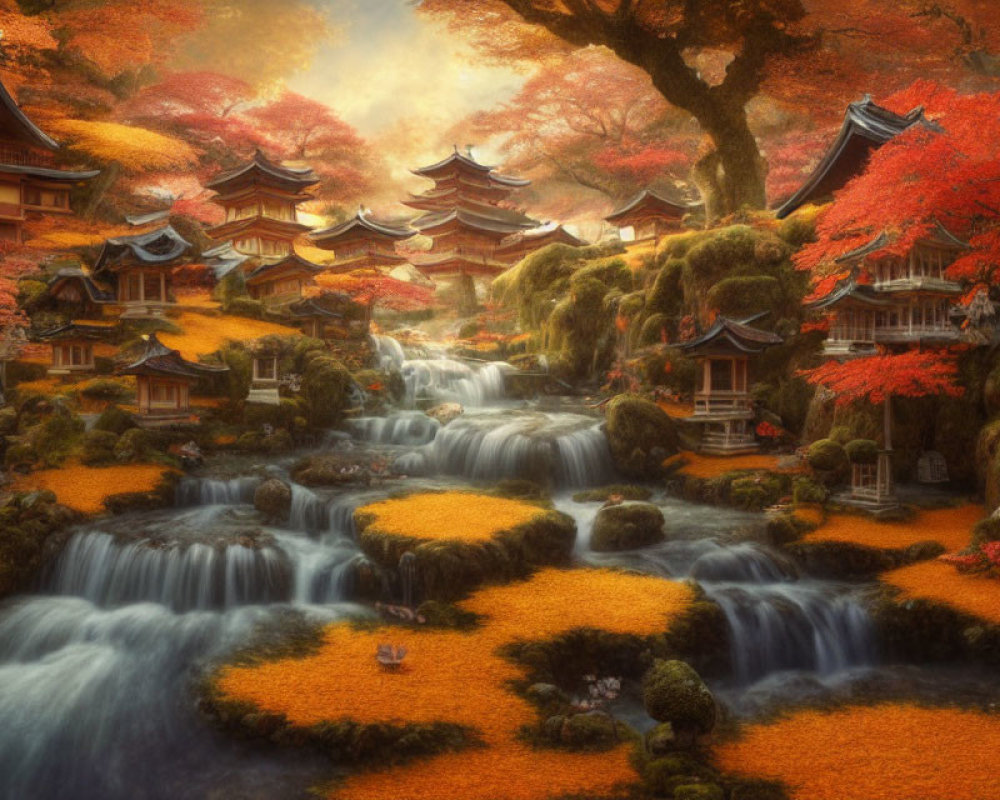 Traditional Japanese architecture surrounded by autumn foliage and waterfalls.