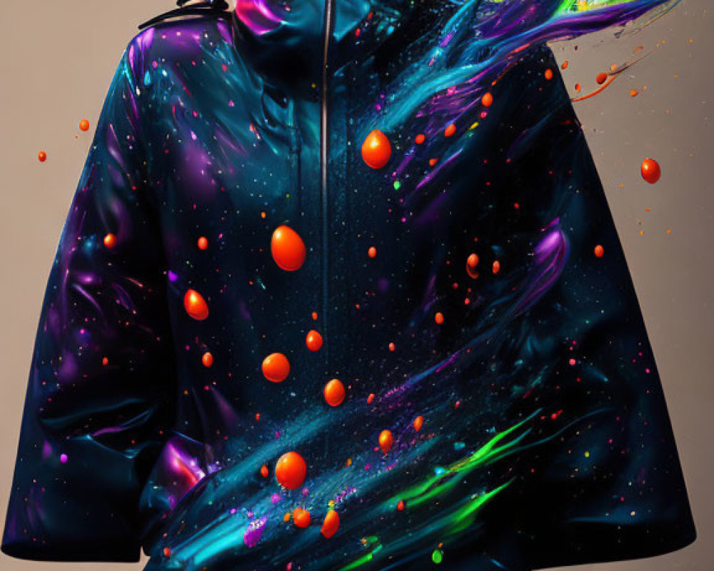 Cosmic-themed tracksuit woman with vibrant paint splashes on tan background