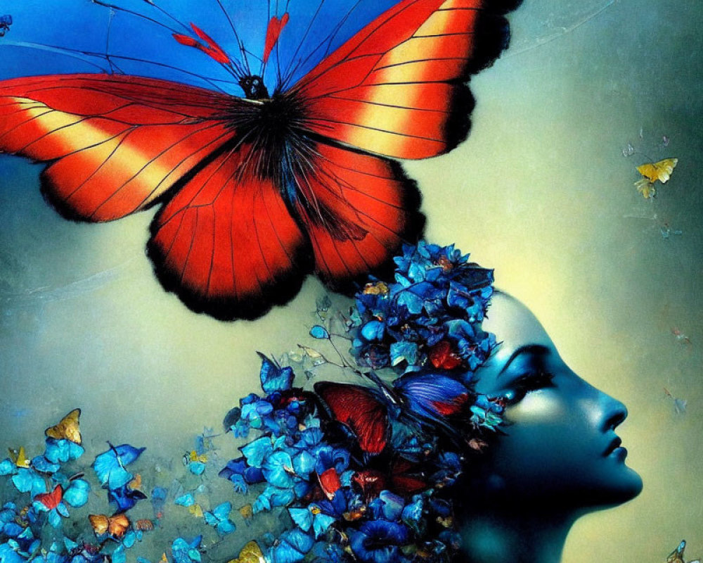 Surreal artwork: Woman profile with blue skin, flowers, butterflies, celestial backdrop