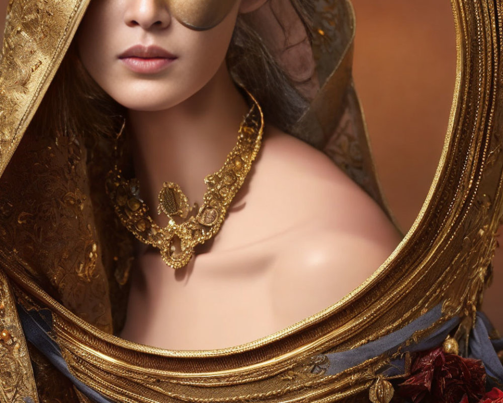 Woman in Golden Mask and Ornate Cloak on Amber Background