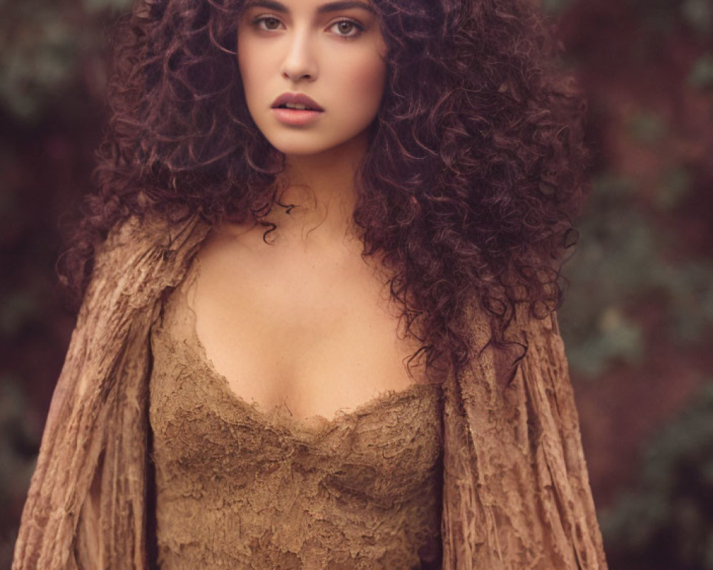 Curly-haired woman in lace dress and shawl against lush green backdrop