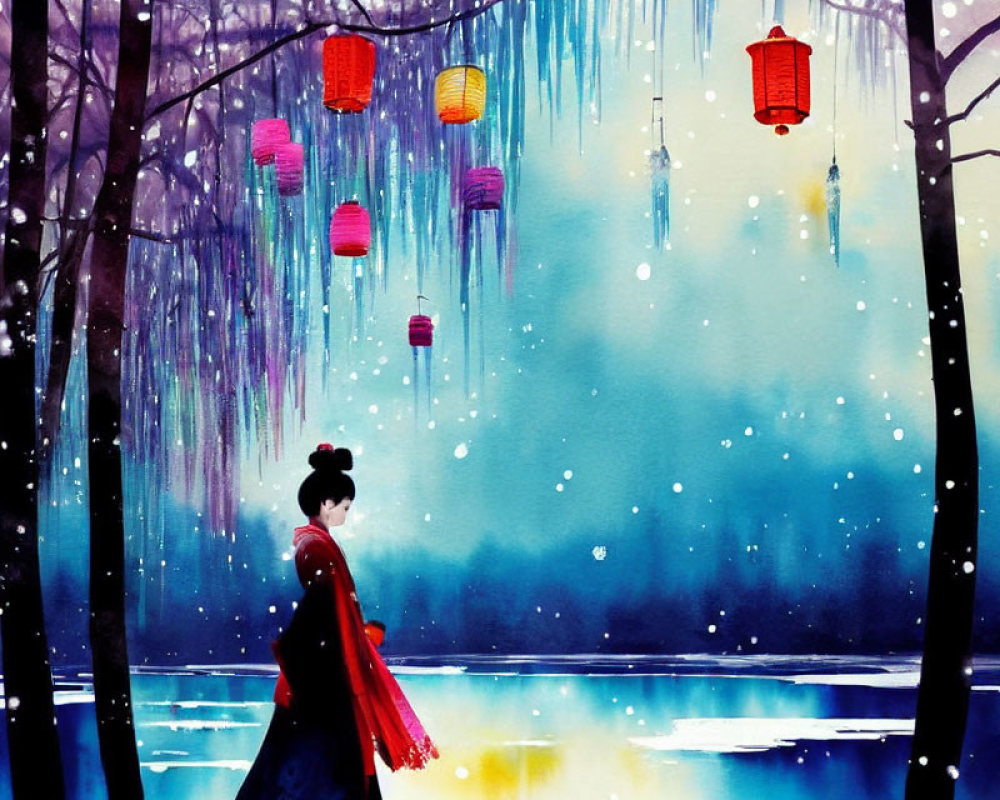 Vibrant painting of woman in traditional attire under snowy forest lanterns