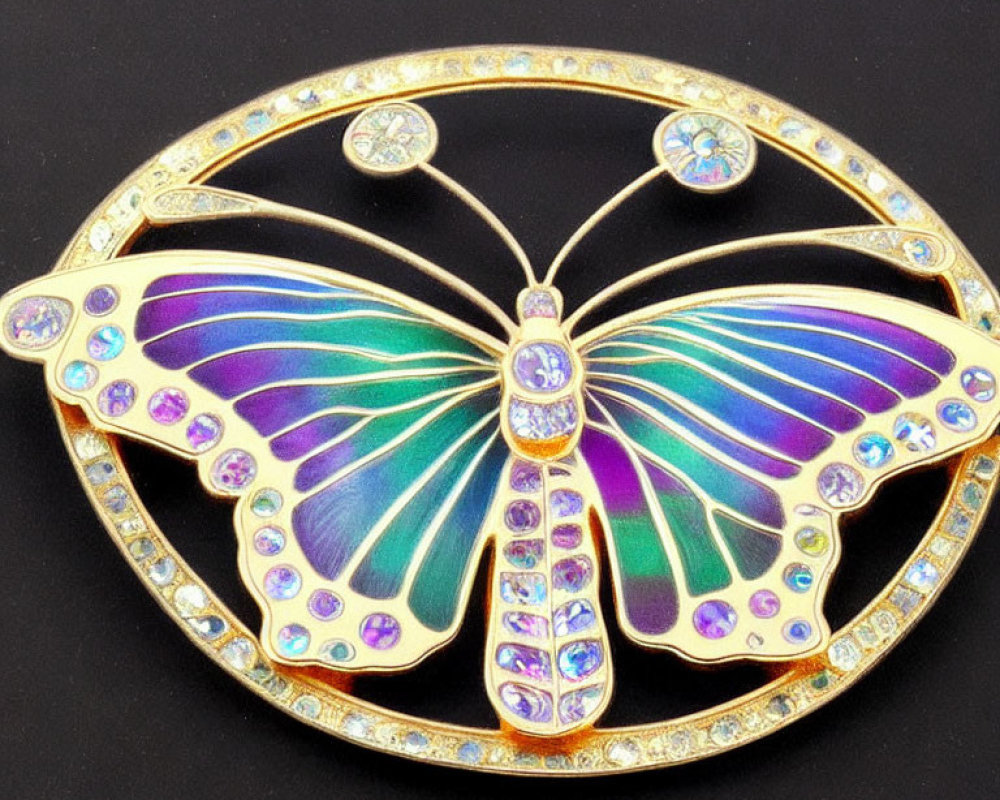 Colorful Butterfly Brooch with Gold Outline and Crystals on Black Background