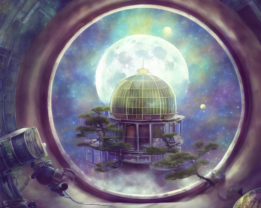 Fantastical observatory with domed roof, trees, telescope, globe, and circular window.