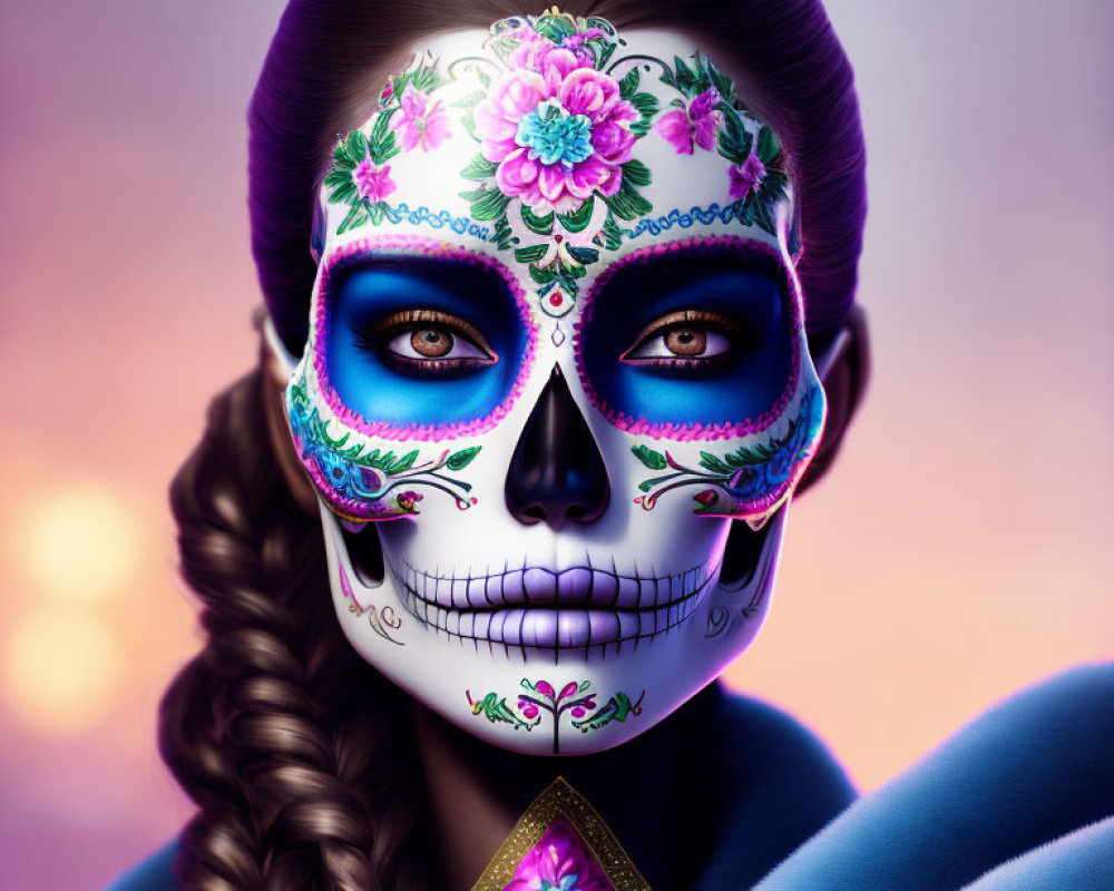 Woman with Day of the Dead makeup and braided hairstyle on purple background