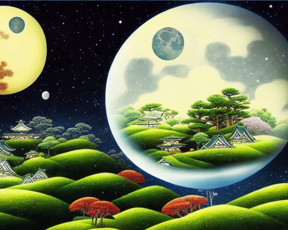 Surrealist landscape with green hills, buildings, trees, moon, and inverted scene