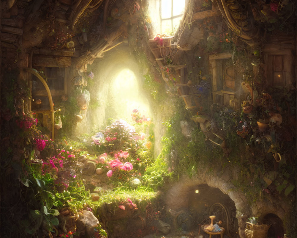 Enchanting cottage interior with plants, sunlight, and magical details