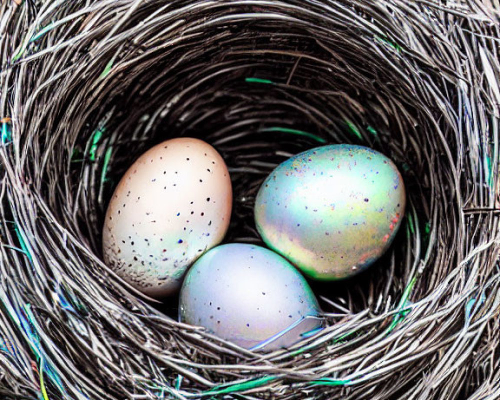 Speckled Eggs in Woven Bird's Nest Among Grass Strands