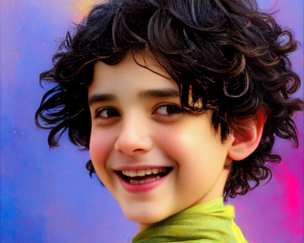 Smiling child with curly black hair on colorful splattered background