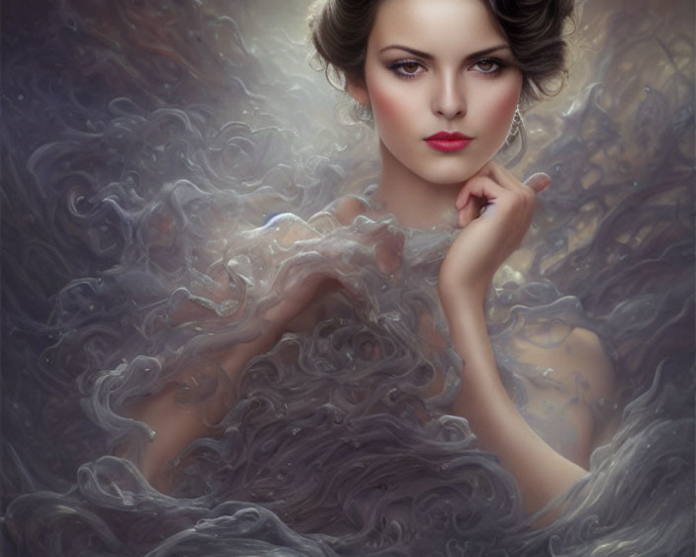 Mysterious woman with elegant hair and makeup in swirling mist