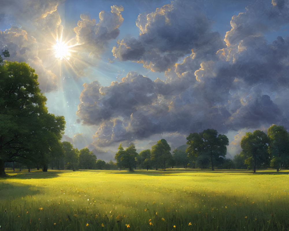 Sunlit meadow with dynamic clouds and yellow flowers beside a row of trees