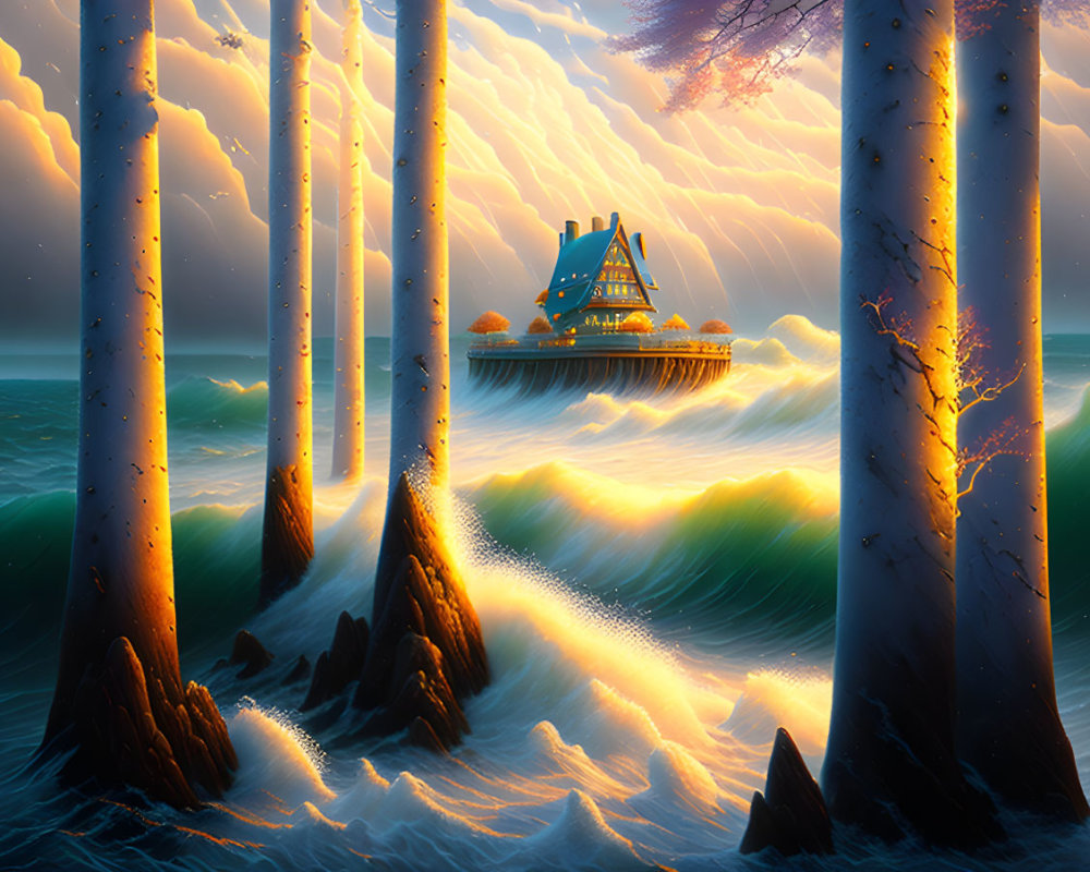 Surreal forest with golden sunlight, ocean waves, ship, dramatic sky