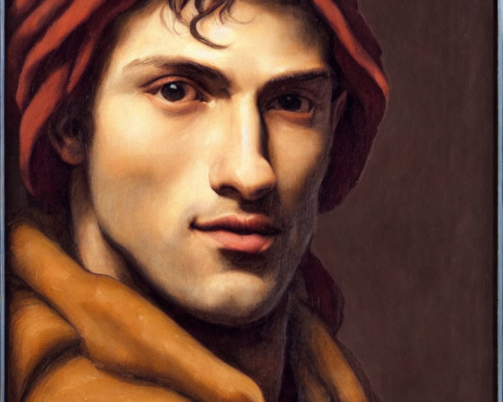 Renaissance-style painting of young man in red cap and golden scarf