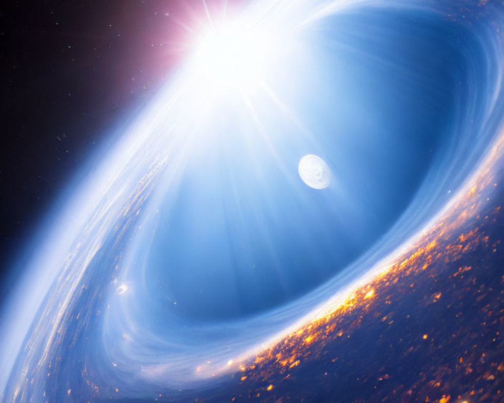 Colorful depiction of swirling blue galaxy with star and planet in space