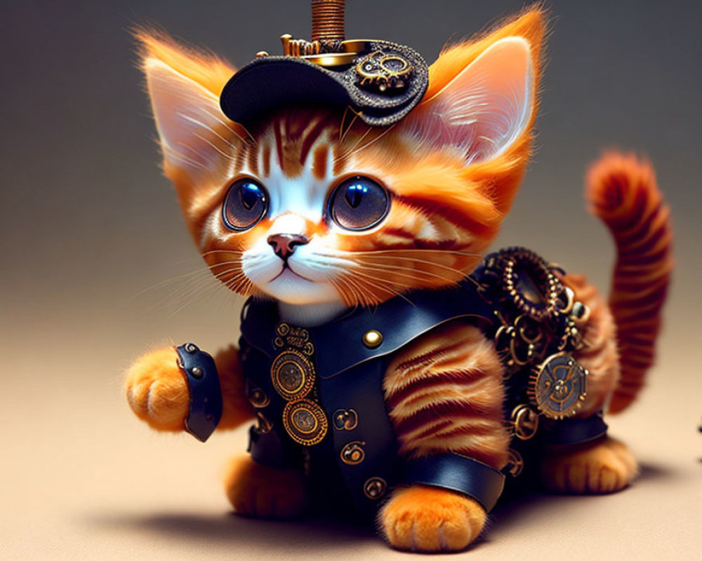 Orange Tabby Kitten in Steampunk Outfit with Blue Eyes