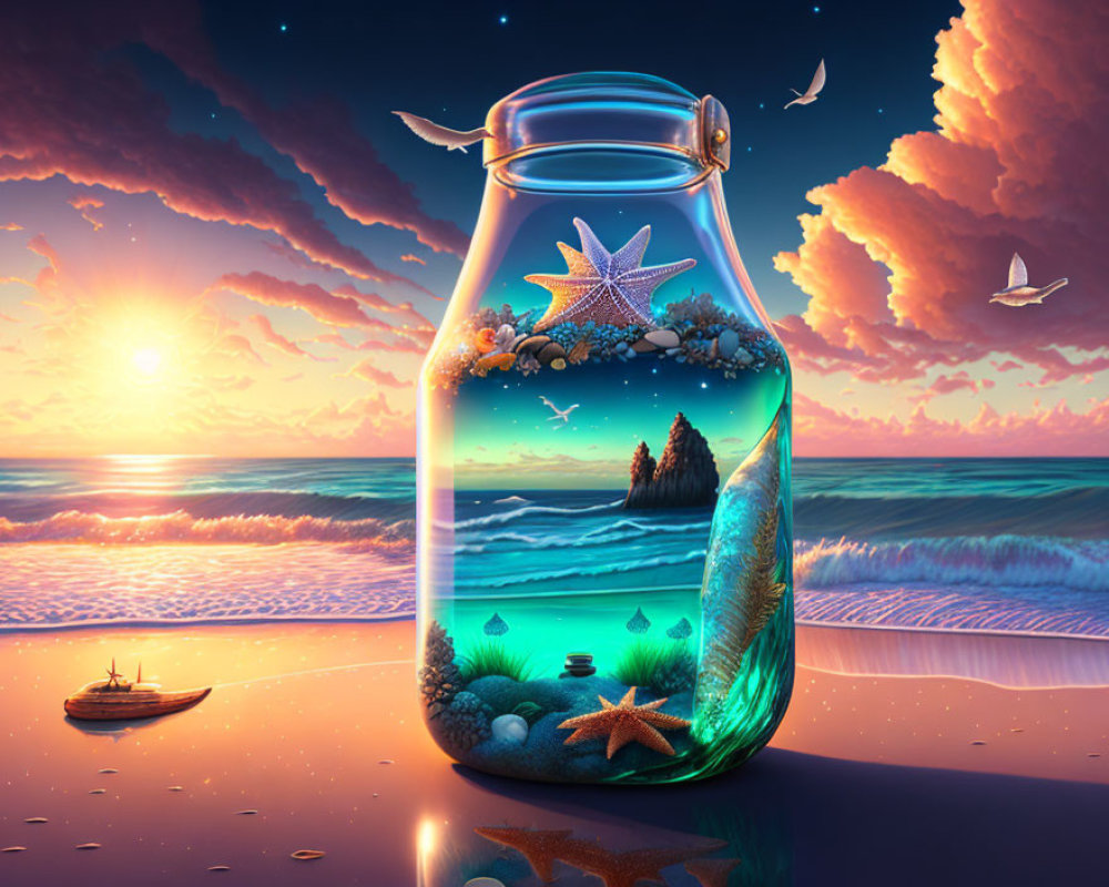 Colorful Glass Jar with Miniature Ocean Ecosystem and Beach Scene