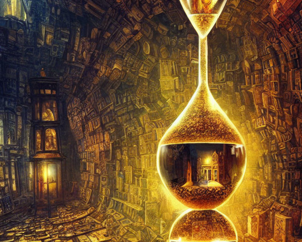 Intricately Designed Hourglass in Surreal Book-Filled Chamber