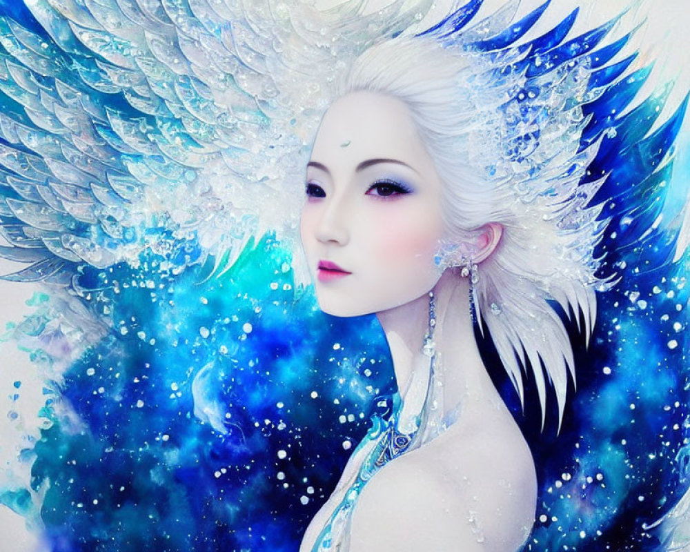 Ethereal woman with white feathered wings in celestial blue setting