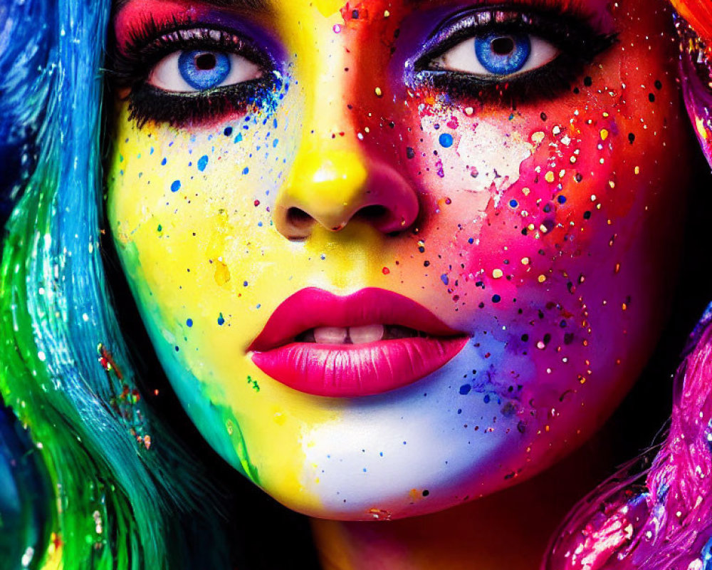 Vibrant Rainbow-Colored Hair and Face Paint with Intense Blue Eyes