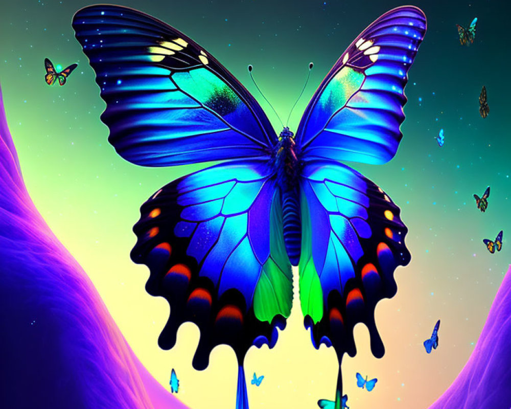 Colorful Digital Artwork: Large Blue Butterfly on Whimsical Background