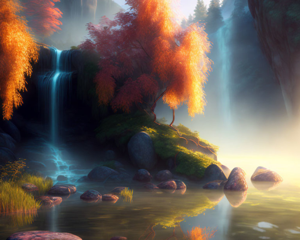 Tranquil autumn landscape with waterfall and misty atmosphere