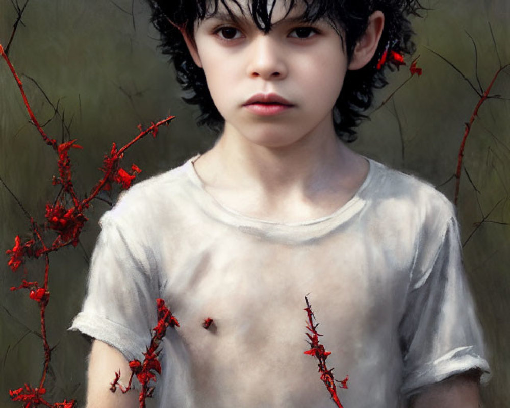 Child with black hair in white shirt among red flowers