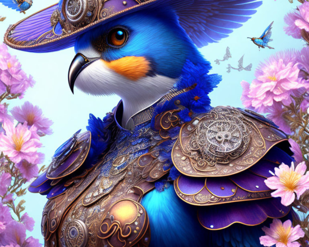 Colorful bird in ornate blue and gold military uniform on floral backdrop