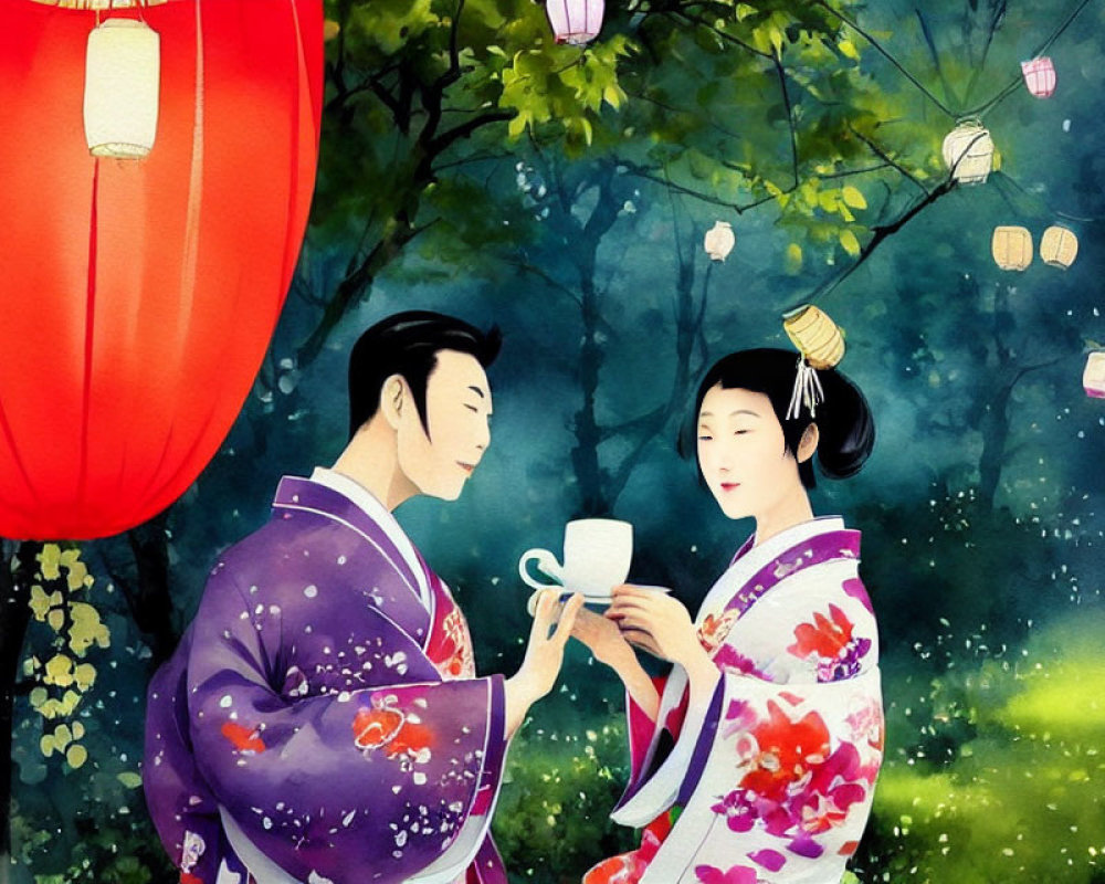 Traditional Japanese attire: Two animated characters sharing a cup under lanterns in lush scenery