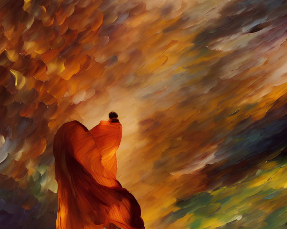 Person in flowing cloak under swirling sky with vivid colors reminiscent of Van Gogh.