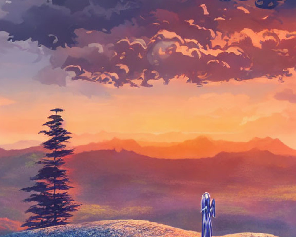 Figure on Hilltop at Sunset with Mountain Silhouette