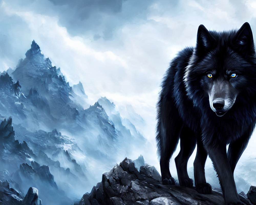 Majestic Black Wolf with Blue Eyes on Craggy Peak