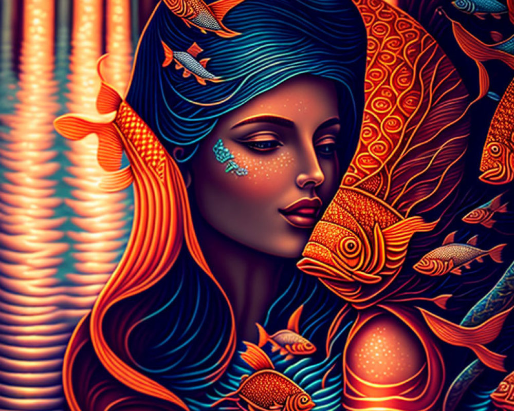 Colorful portrait of a woman with blue hair and orange fish in intricate patterns