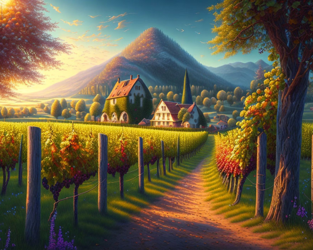 Scenic vineyard path among rolling hills at sunset